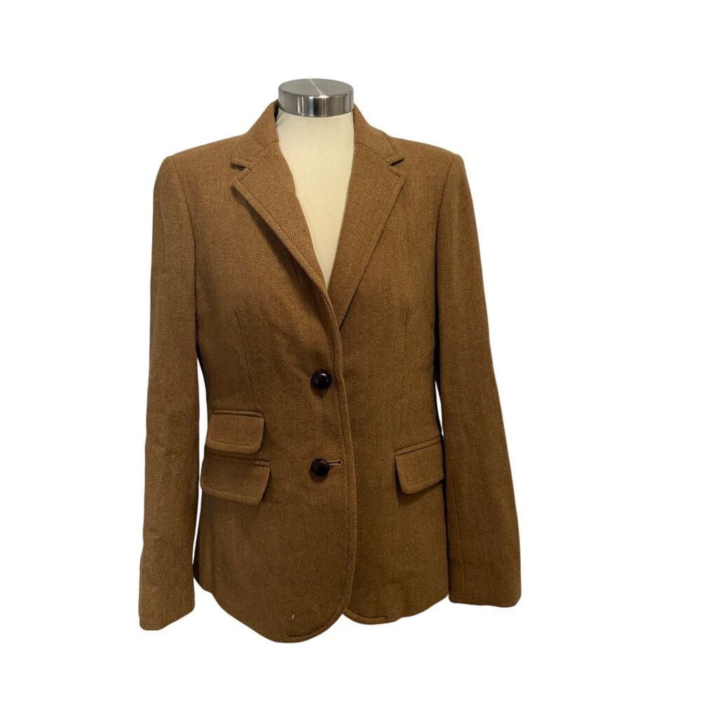 J.Crew Hacking Jacket Size 12 Camel Brown | Herringbone Wool | Leather Buttons